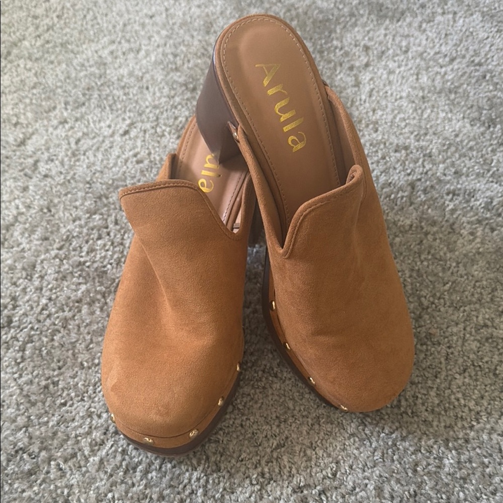ARULA Tan Suede Clog Mules